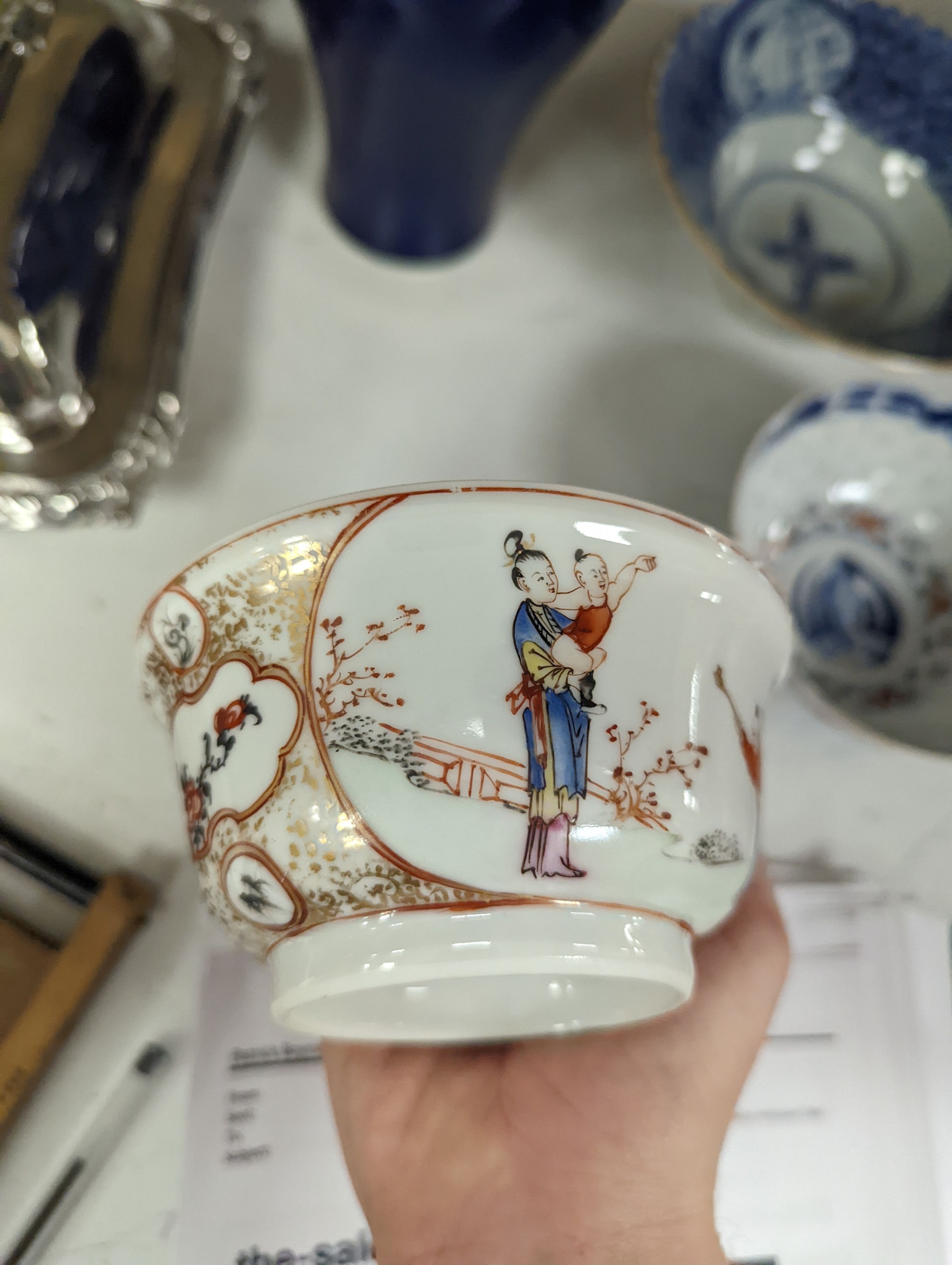 A Chinese blue glazed meiping, 20cm, and three Chinese porcelain bowls